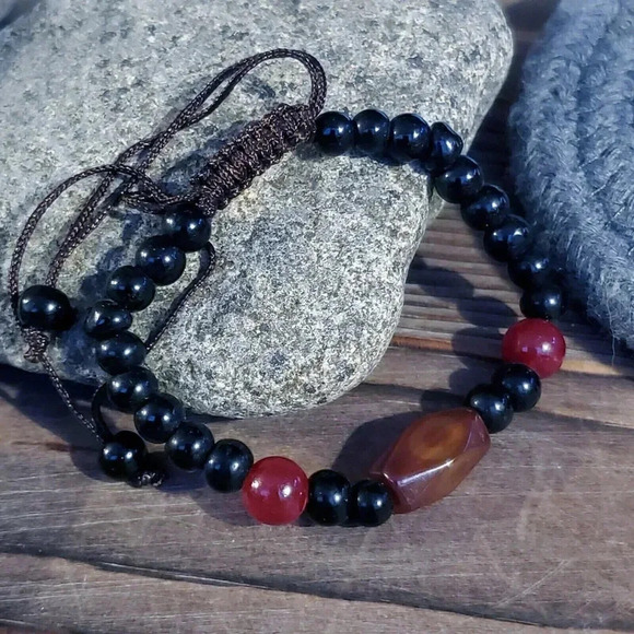 Handcrafted Tibetan Red Amber Dzi Agate Beads Healing Energy Gemstone Bracelet - Picture 2 of 5